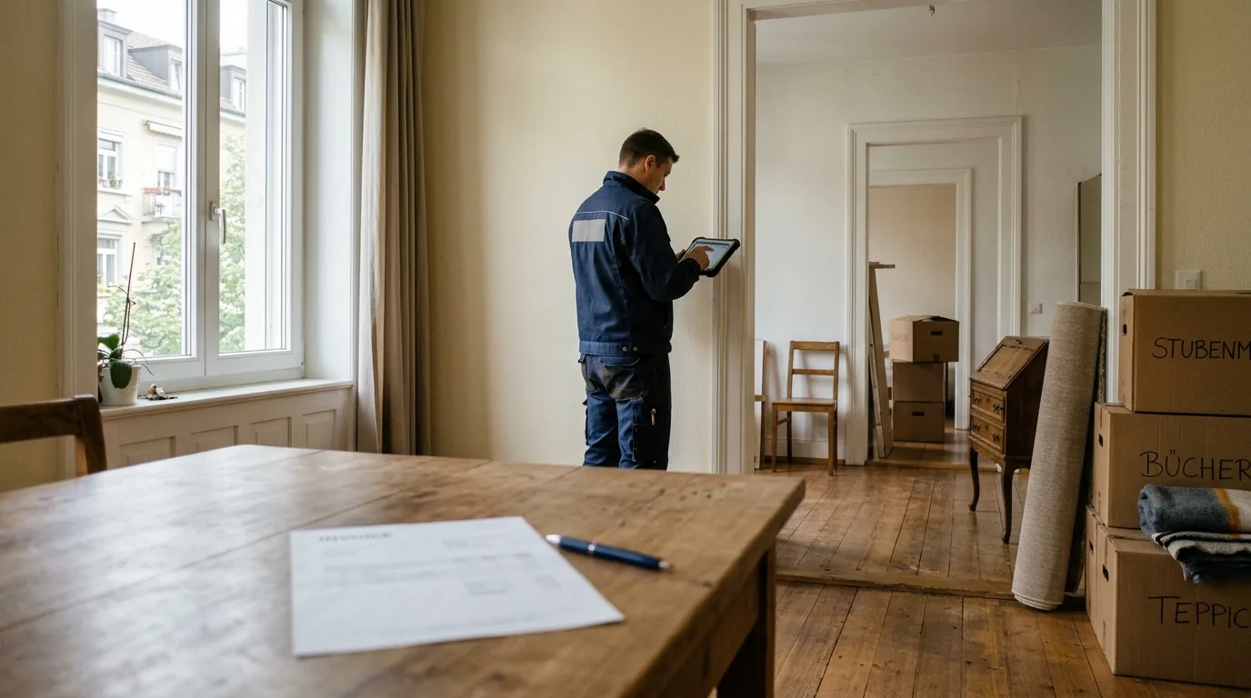 Mitarbeiter einer Umzugsfirma erfasst bei der Besichtigung mit einem Tablet den Umfang einer Wohnung