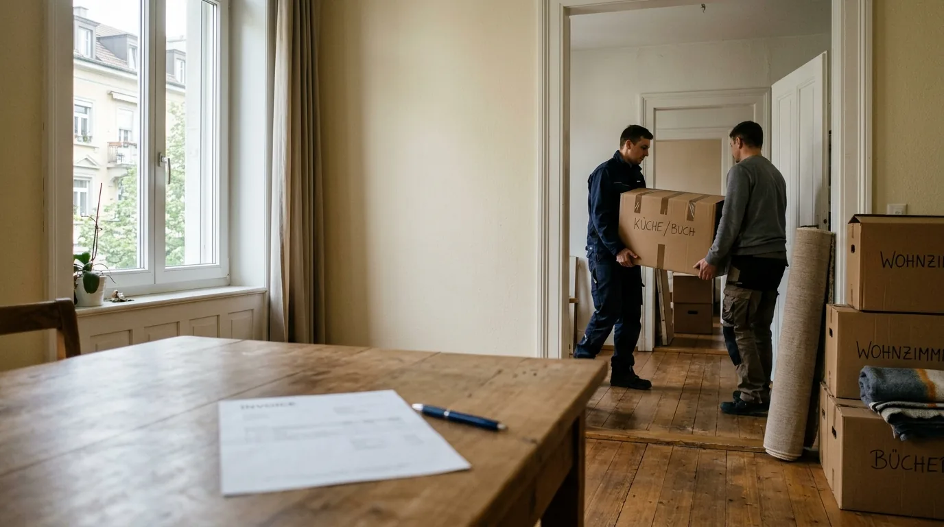 Gedruckte Rechnung auf einem Tisch, im Hintergrund tragen zwei Mitarbeitende einen Umzugskarton